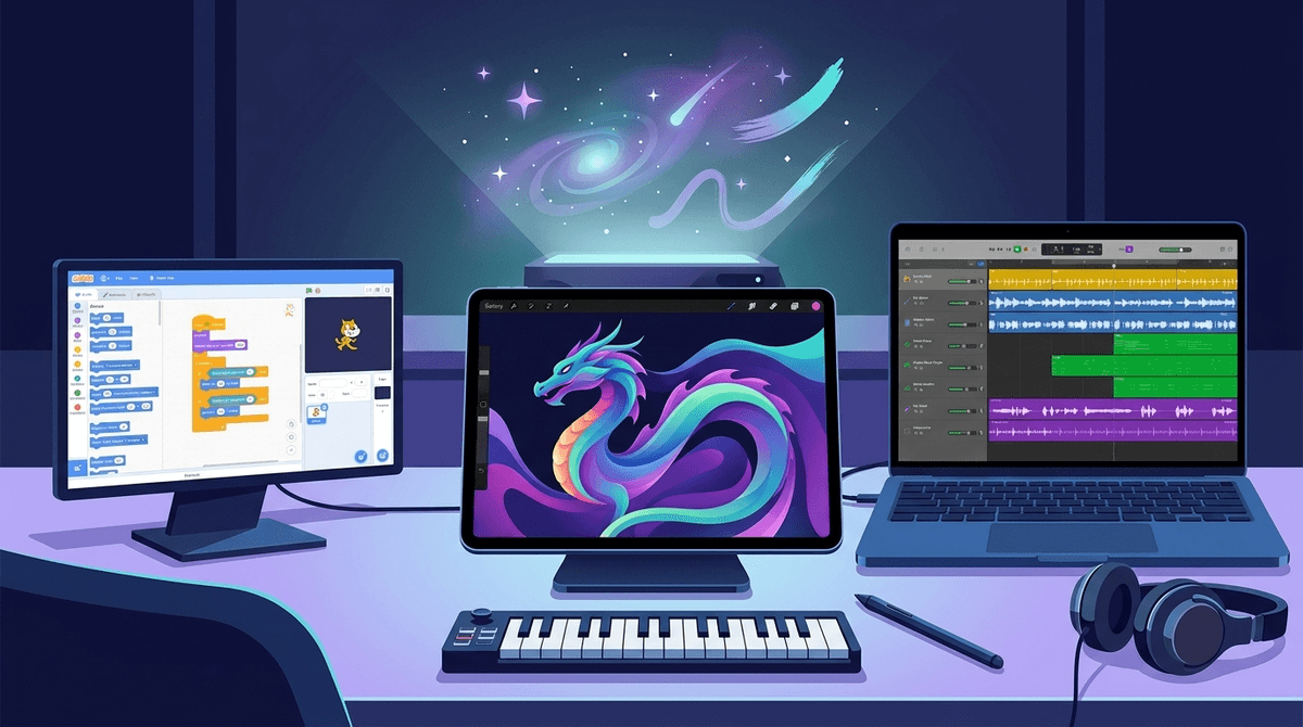 Illustration for Pixels, Beats, and Bots: A Parent's Guide to Digital Art and Music Tools