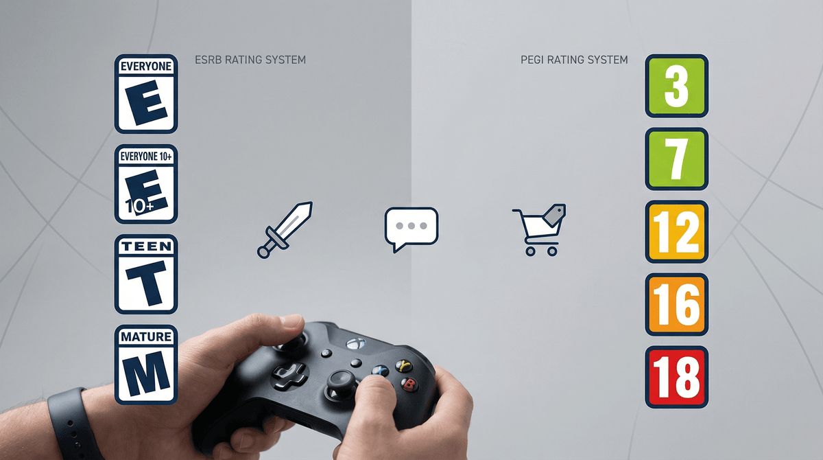 Illustration for ESRB vs PEGI: Game Ratings Explained for Parents