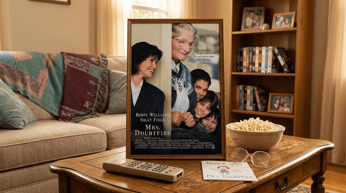 Illustration for Mrs. Doubtfire: Navigating Divorce, Disguises, and 90s Nostalgia