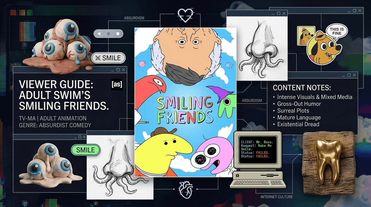 Illustration for Is Smiling Friends for Kids? Rated TV-MA for Mature Humor