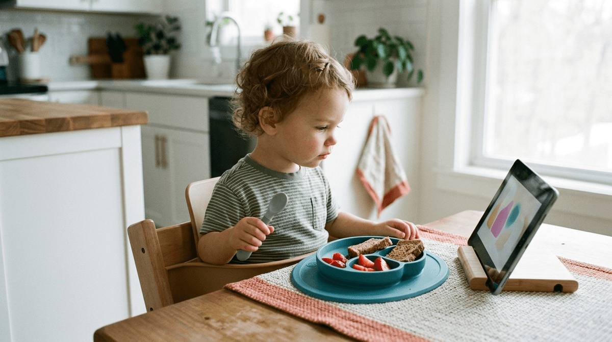 Illustration for Early Exposure and Mealtimes Drive Excessive Toddler Screen Use