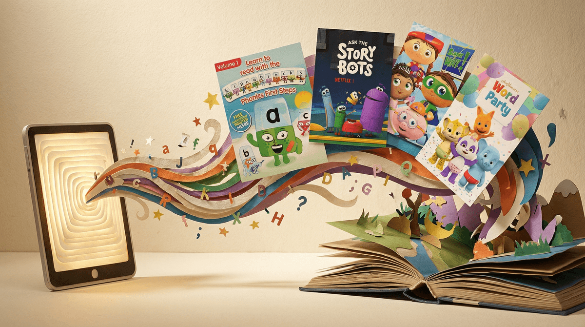 Illustration for From Screen Time to Story Time: TV Shows That Actually Help Your Kid Read