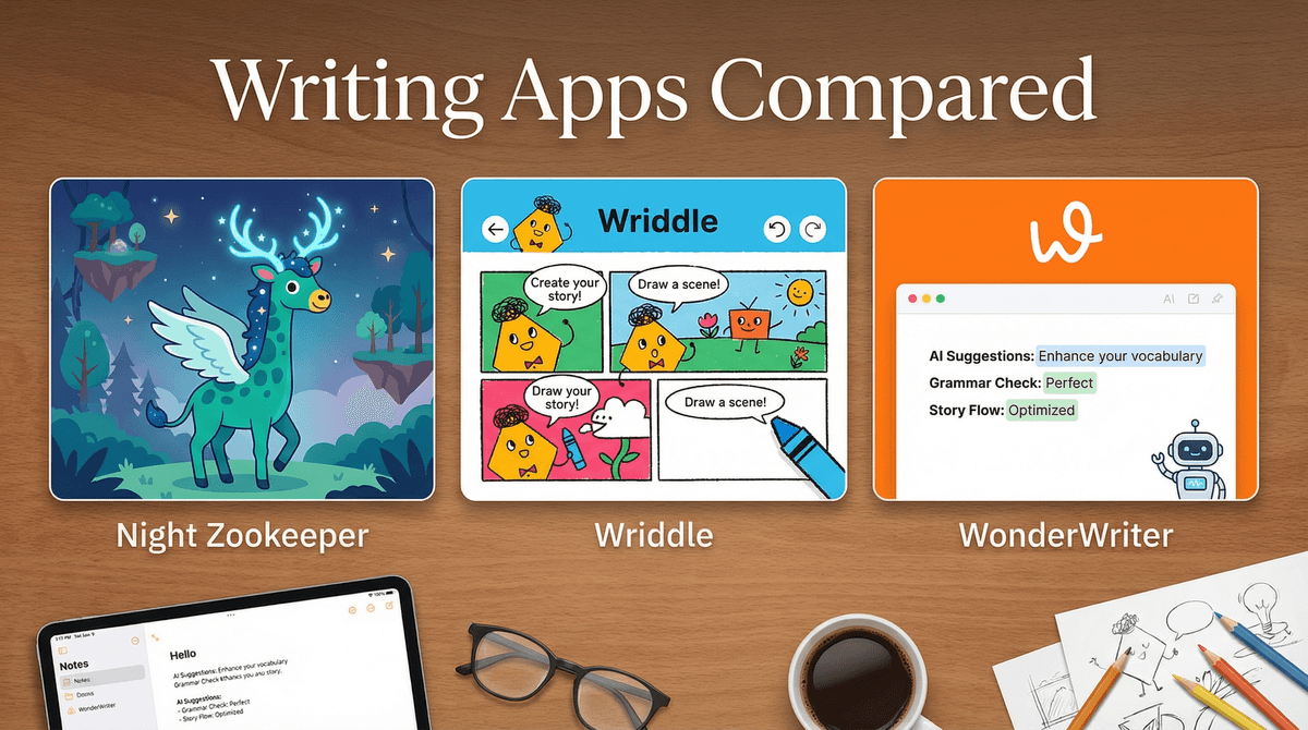 Illustration for Writing Apps That Actually Work: Night Zookeeper, WonderWriter & Wriddle Compared