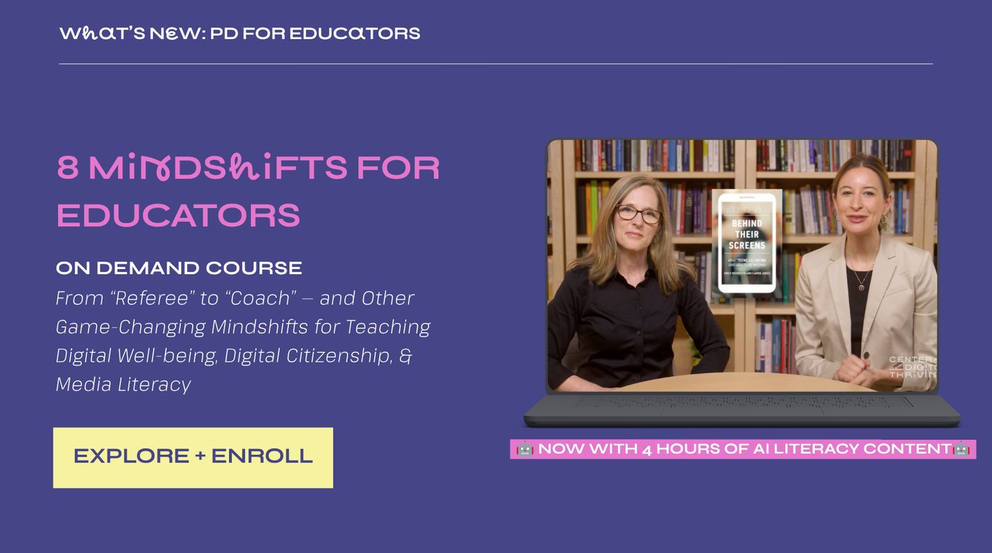 A promotional banner for 8 Mindshifts for Educators, an on-demand course from Harvard's Center for Digital Thriving, with two presenters on a video screen