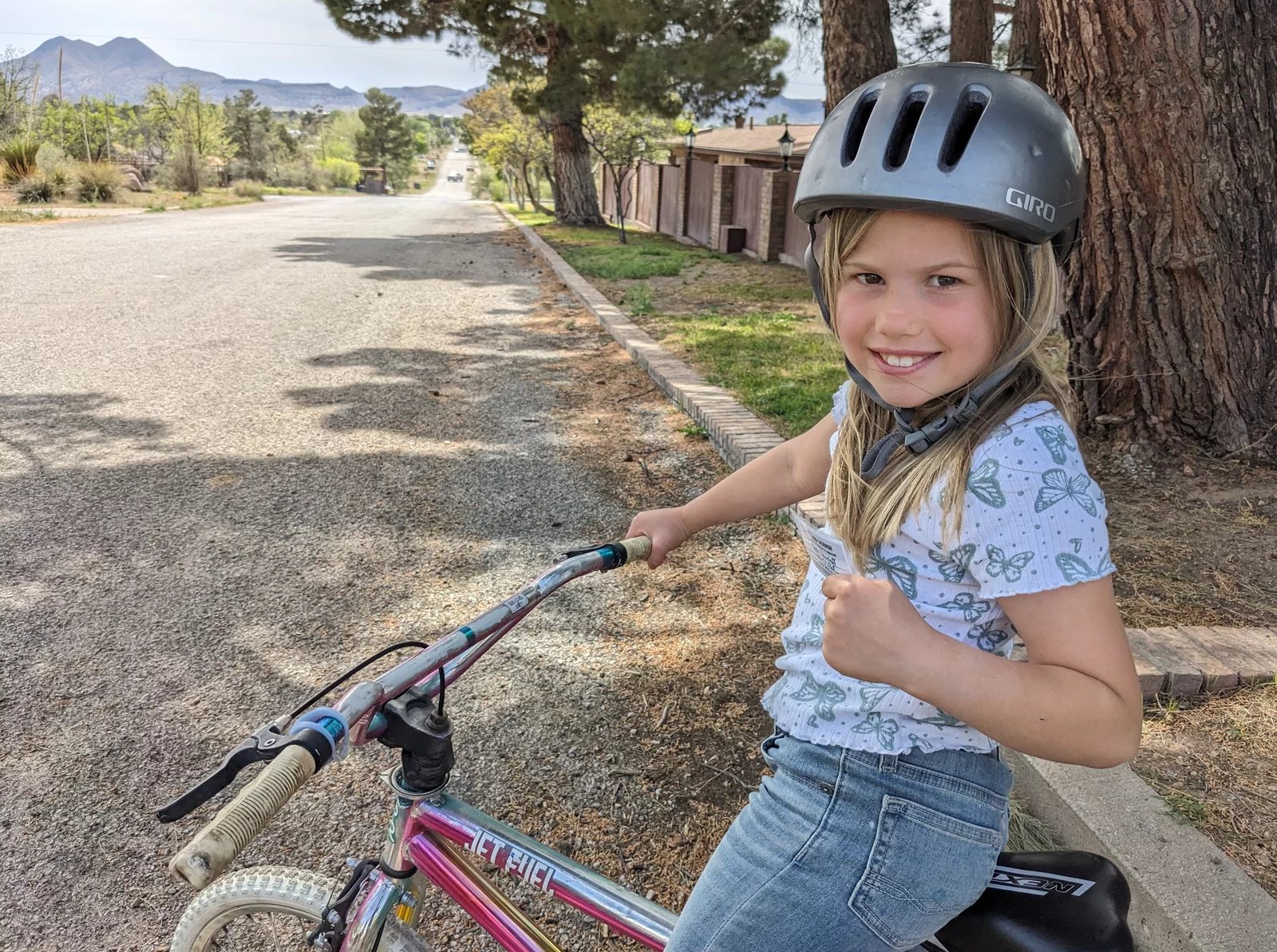 A smiling girl in a gray bike helmet sitting on a pink bike on a quiet tree-lined street, mountains in the distance