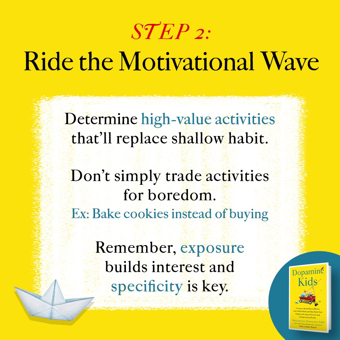 A yellow card from the book titled Step 2, Ride the Motivational Wave: determine high-value activities that will replace shallow habits, don't trade activities for boredom, exposure builds interest and specificity is key