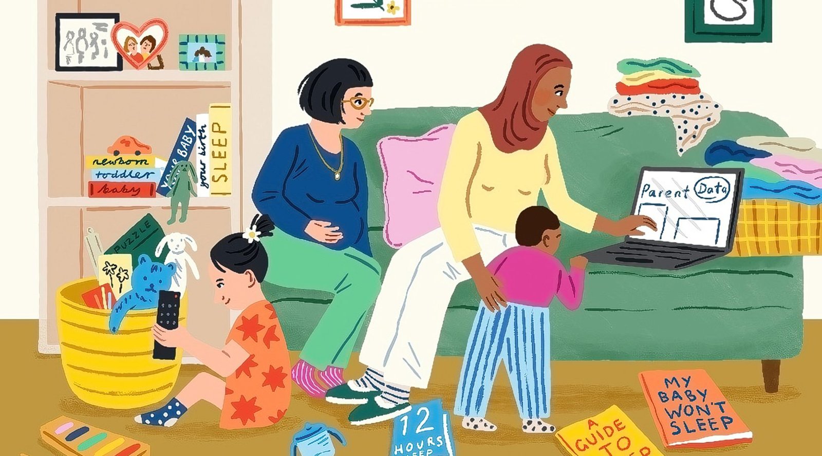 An illustration of two women on a green couch, one pregnant, one typing on a laptop that says ParentData, while a toddler holds a remote and a baby stands at the couch