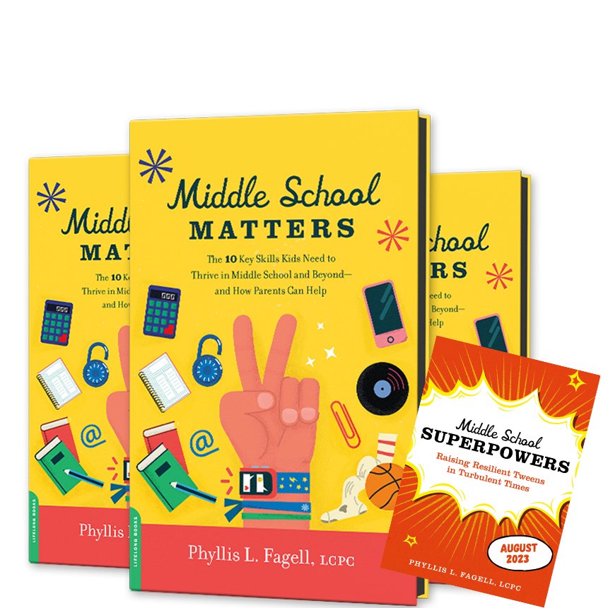 Middle School Matters and Middle School Superpowers by Phyllis Fagell, the yellow first book standing beside the red and orange second