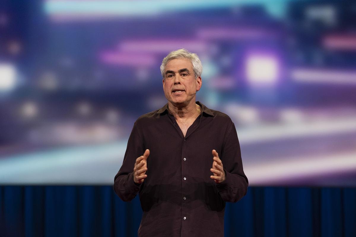 Jonathan Haidt speaking on the TED stage in 2026, gesturing with both hands