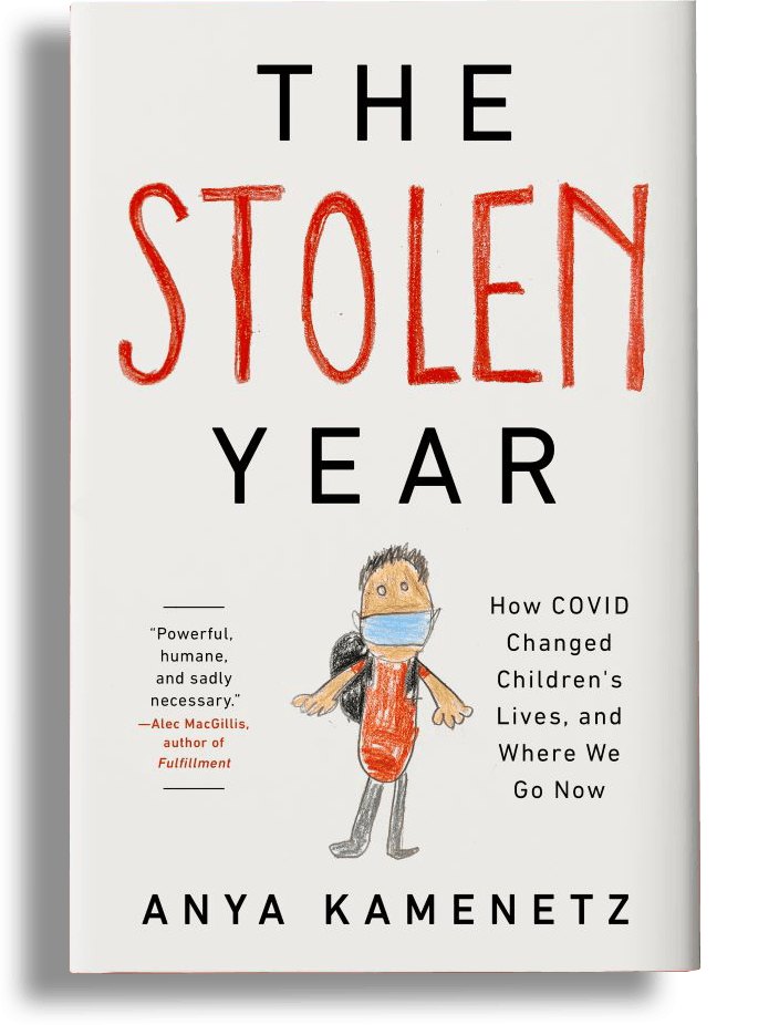 The hardcover of The Stolen Year by Anya Kamenetz, with a child's drawing of a kid in a face mask