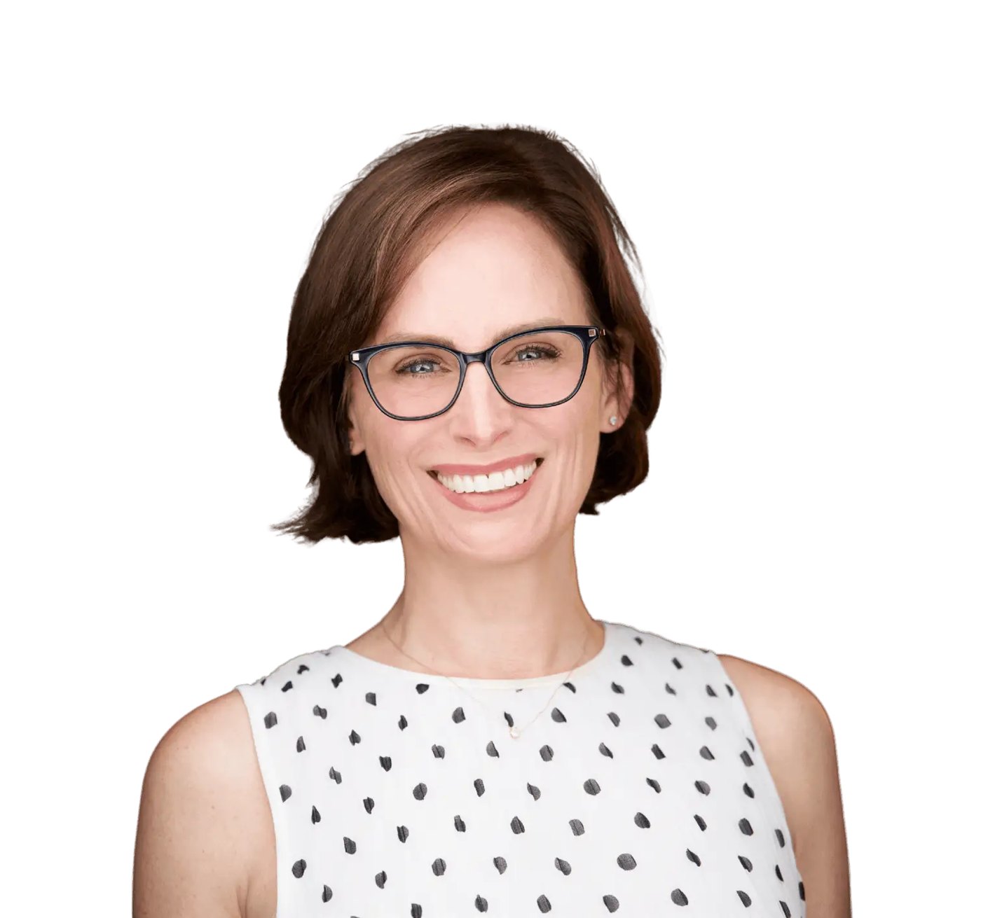 Emily Cherkin smiling in glasses and a white polka-dot top against a green background