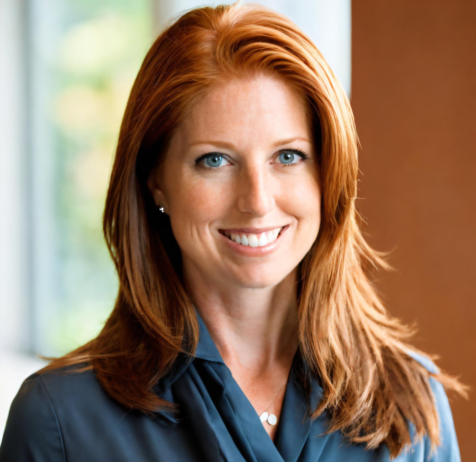 Georgie Wisen-Vincent, smiling, with long red hair, in a blue top