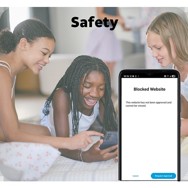 Three girls lying on a bed looking at a phone, beside a phone screen that reads Blocked Website: This website has not been approved and cannot be viewed, with a Request Approval button