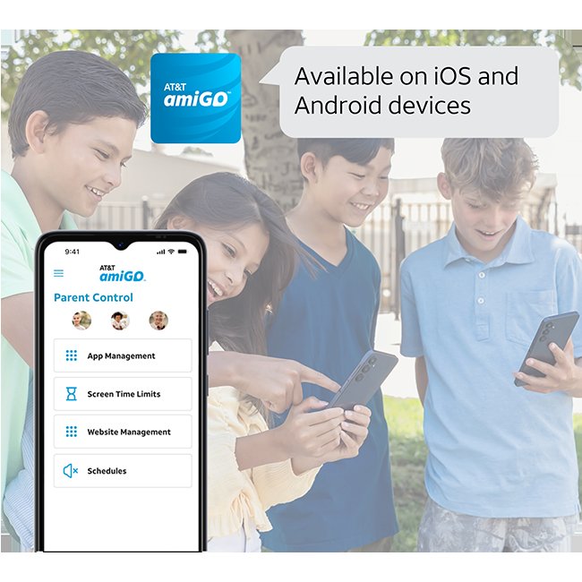 Four kids outdoors looking at phones, with an amiGO app screen labeled Parent Control listing App Management, Screen Time Limits, Website Management and Schedules