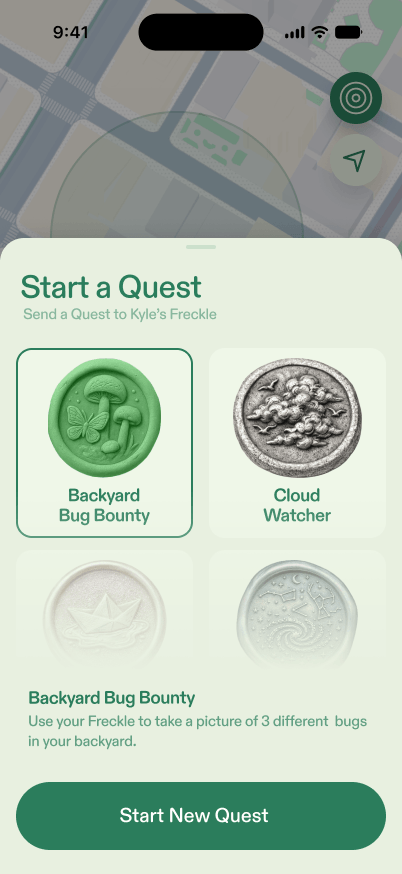 The Freckle parent app showing a Start a Quest screen with a Backyard Bug Bounty quest selected