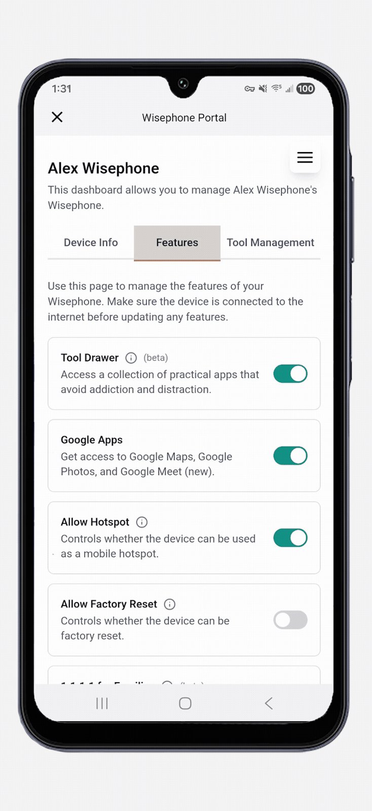 The Wisephone Portal on a phone screen, showing switches for Tool Drawer, Google Apps, Allow Hotspot and Allow Factory Reset