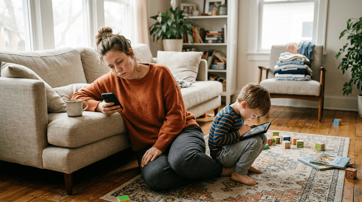 Illustration for Screenwise guide: How Family Stress and Parental Phone Distraction Shape Toddler Screen Habits
