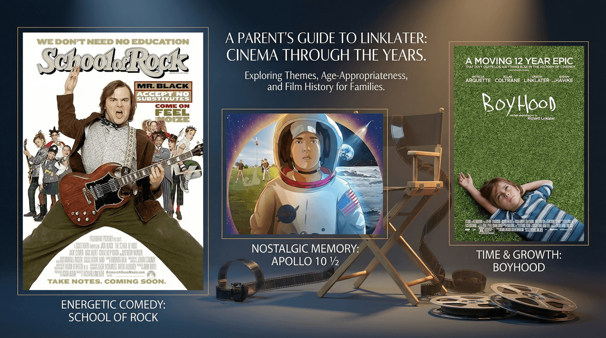 Illustration for School of Rock vs. Boyhood: Which Richard Linklater Films Are Actually Safe for Elementary Kids?